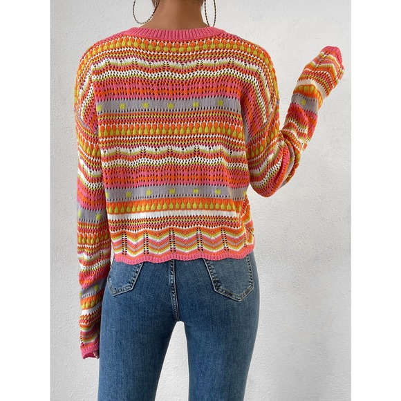 Striped 70s style vintage Pointelle Knit Sweater purple - Picture 3 of 11